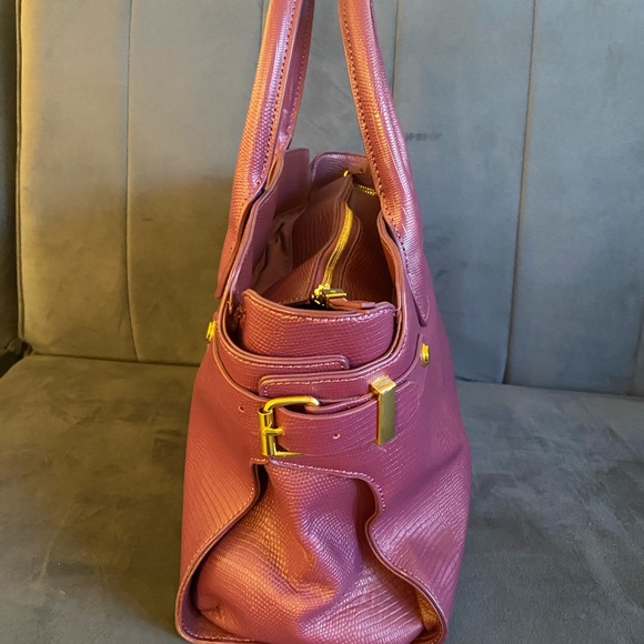 Joy Mangano Eggplant/Gold Saffiano Leather Satchel - Picture 3 of 7